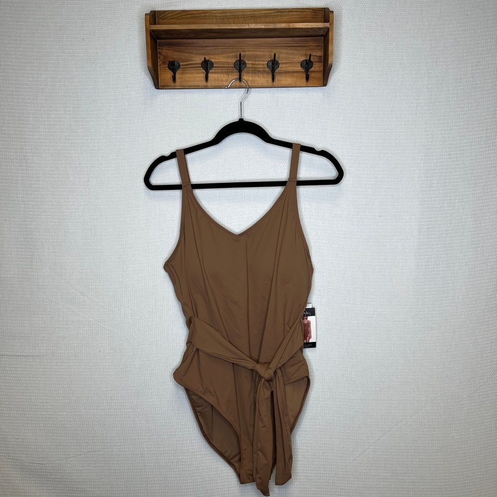 Nicole Miller Studio‎ Toasted Coconut Deep V Neck Belted One Piece Swimsuit XXL